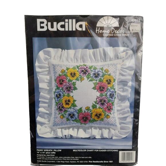 Bucilla Cross Stitch Kit PANSY WREATH PILLOW # 40915 14"x14" Joan Elliott NEW - Picture 1 of 2